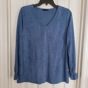 Joh. V-Neck Faux Suede Top Blue Long Sleeve Ruffle Cuff Casual Transitional S
